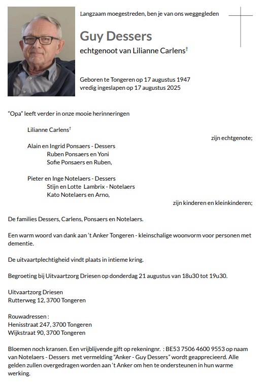 Rouwbrief Guy Dessers